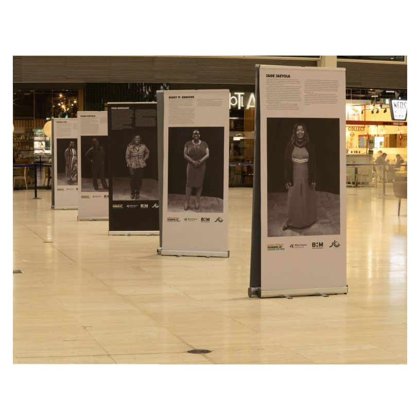 This photos show a series of pop up panels using photos produced by Luca Design for the Milton Keynes Black History month